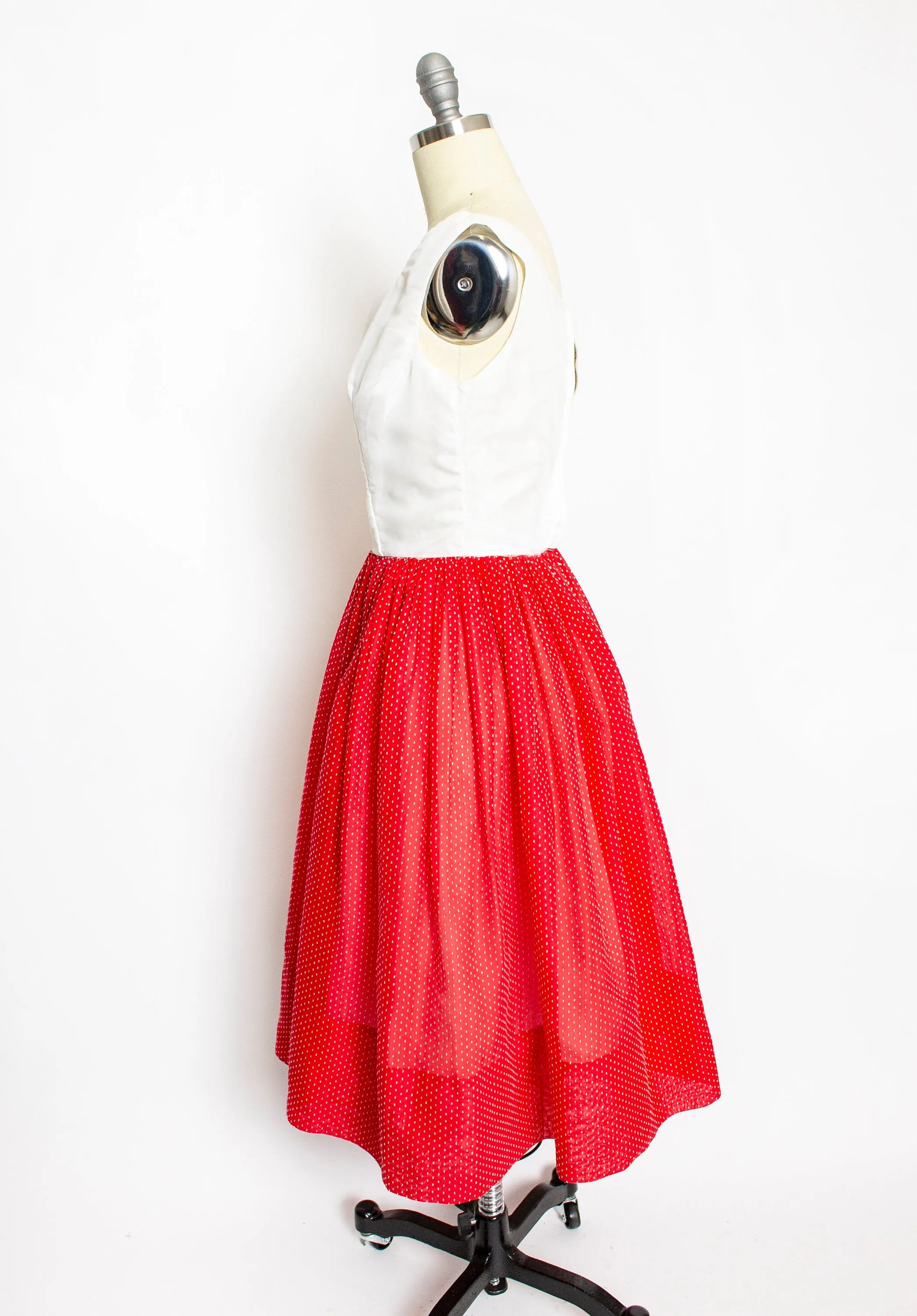 1950s Dress Red White Swiss Polka Dot Full Skirt XS