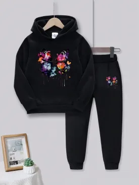 2pcs Creative Butterfly Print Sweatshirt And Pants Set For Young Girls