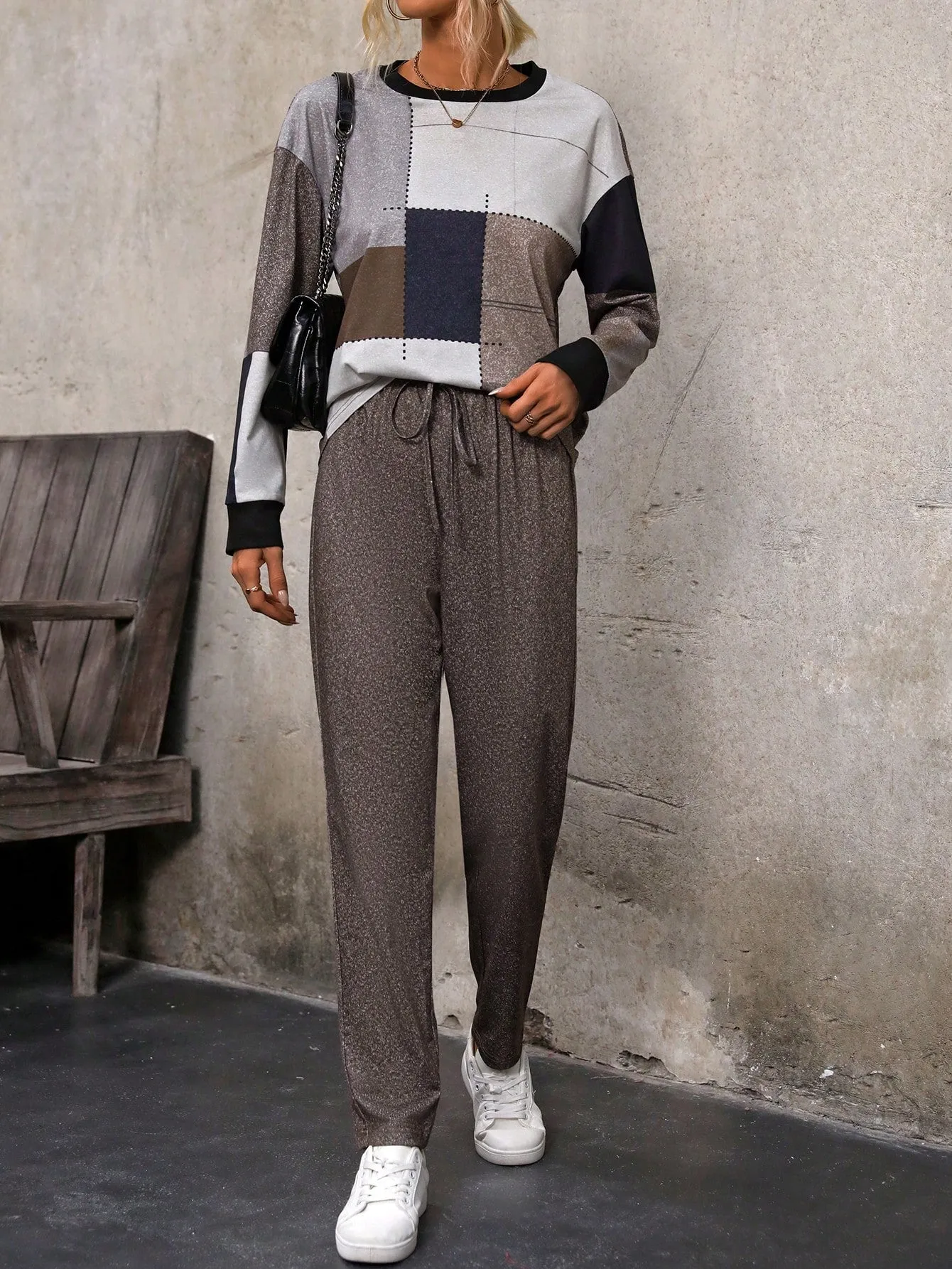 2pcs/set Drop Shoulder T-shirt And Long Pants Outfit