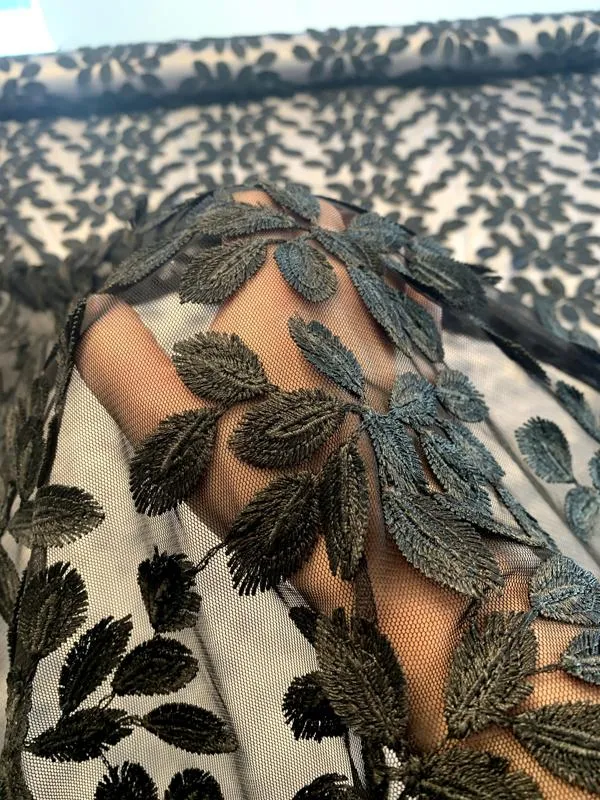 3D Embroidered Leaves on Polyester Tulle - Black