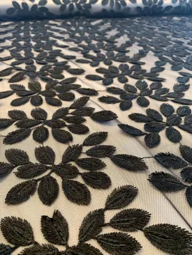 3D Embroidered Leaves on Polyester Tulle - Black