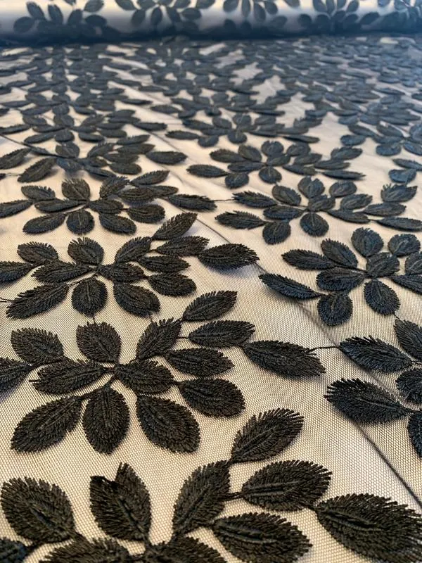 3D Embroidered Leaves on Polyester Tulle - Black