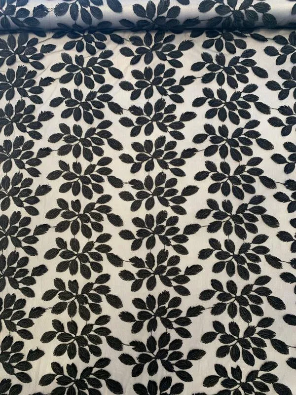 3D Embroidered Leaves on Polyester Tulle - Black