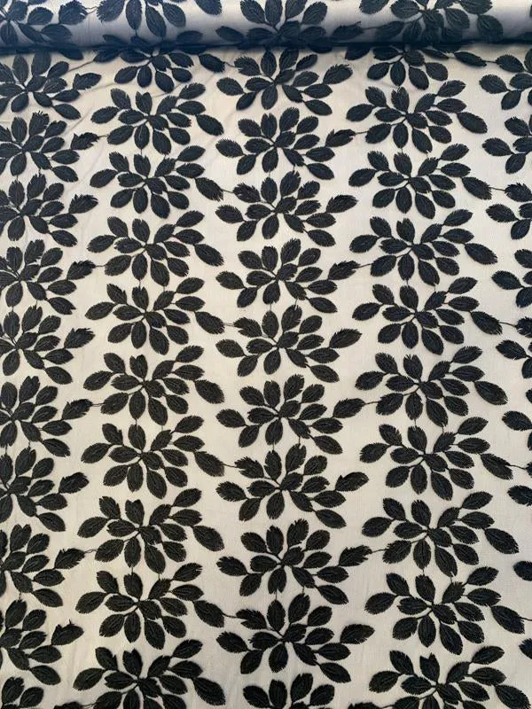 3D Embroidered Leaves on Polyester Tulle - Black
