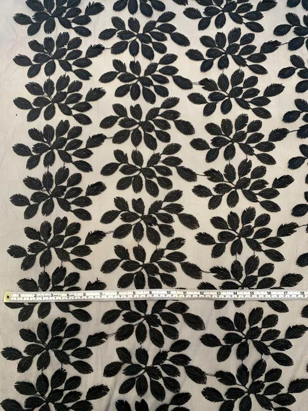 3D Embroidered Leaves on Polyester Tulle - Black