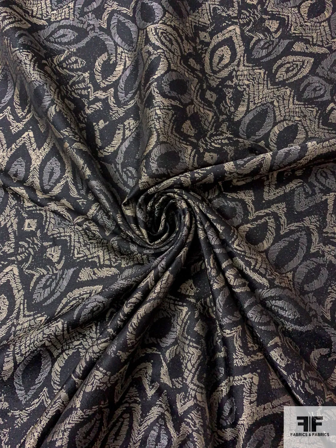 Abstract Leaf Pattern Brocade - Ecru / Grey / Black