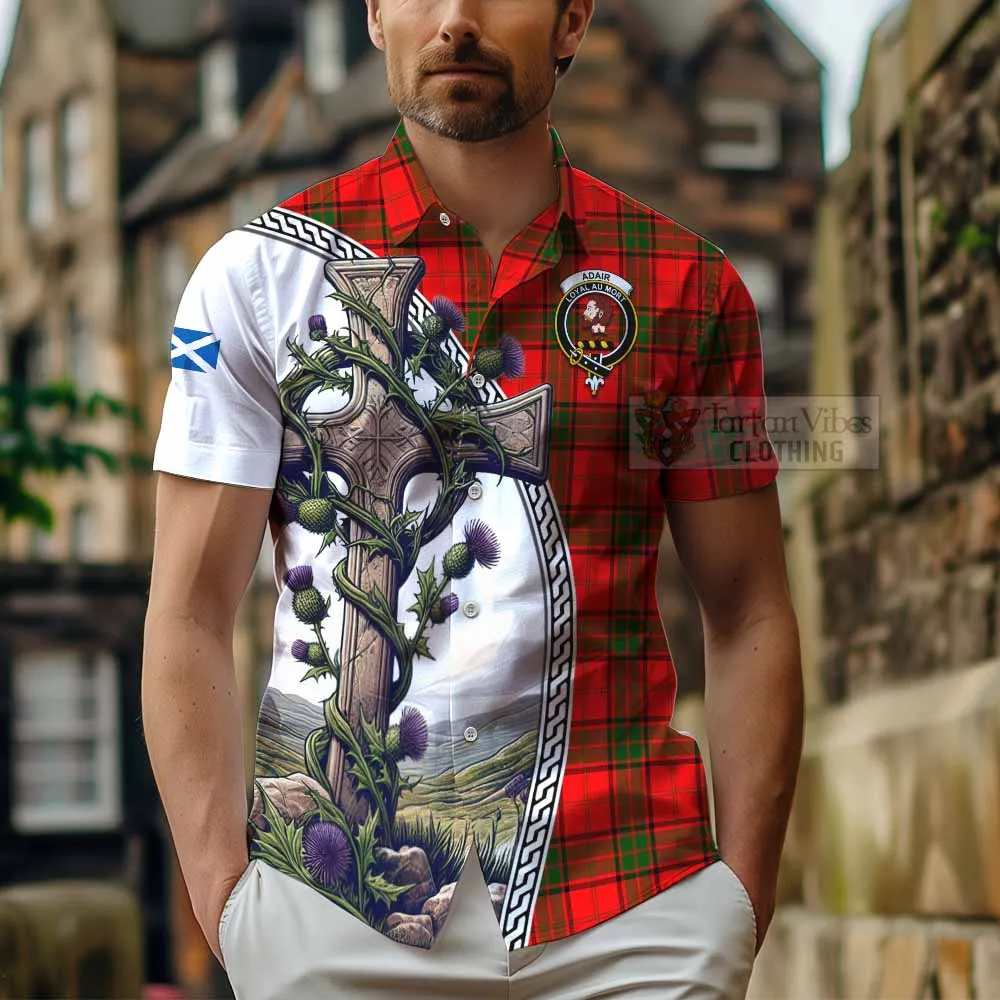 Adair Tartan Short Sleeve Button Shirt with Family Crest and St. Andrew's Cross Accented by Thistle Vines