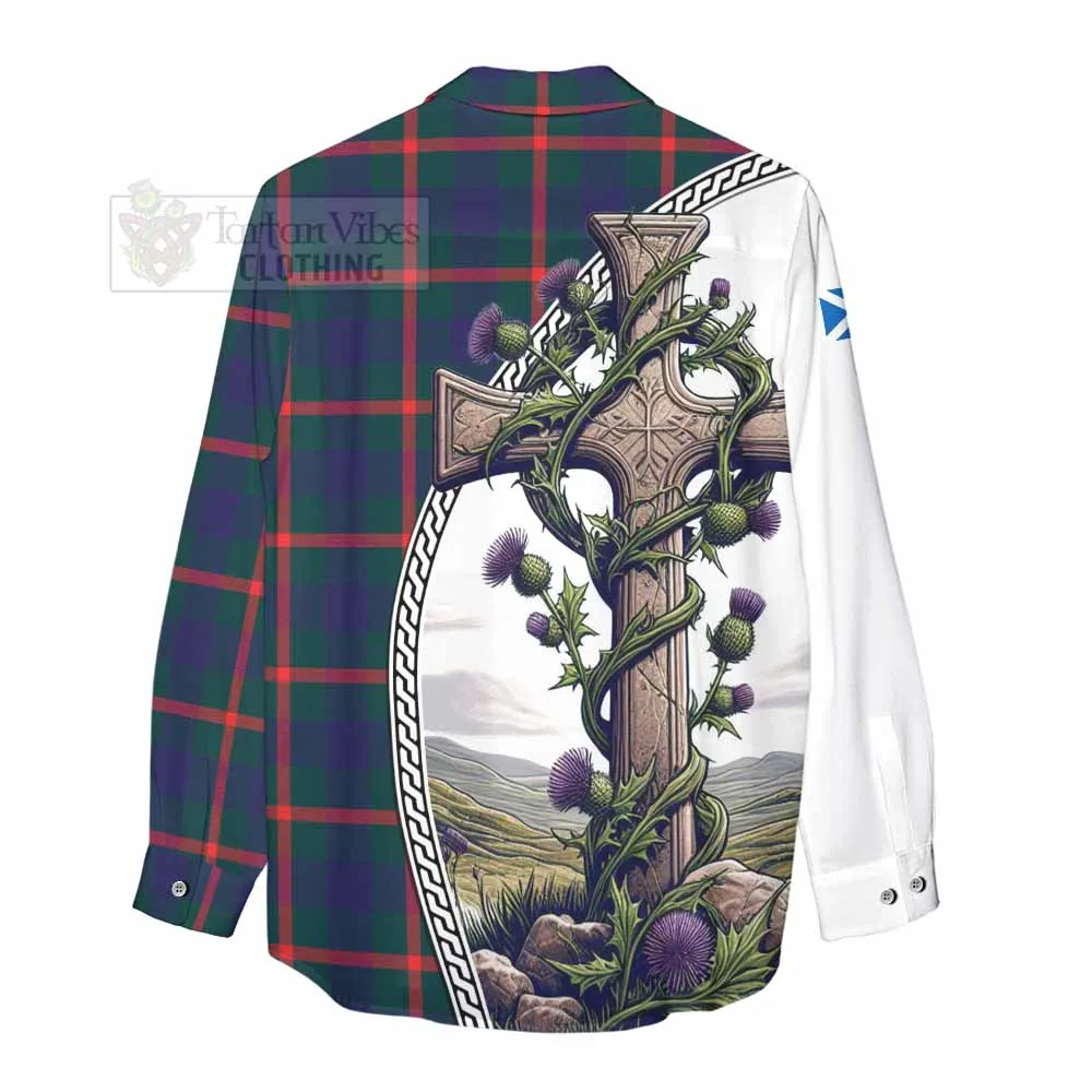 Agnew Tartan Women's Casual Shirt with Family Crest and St. Andrew's Cross Accented by Thistle Vines