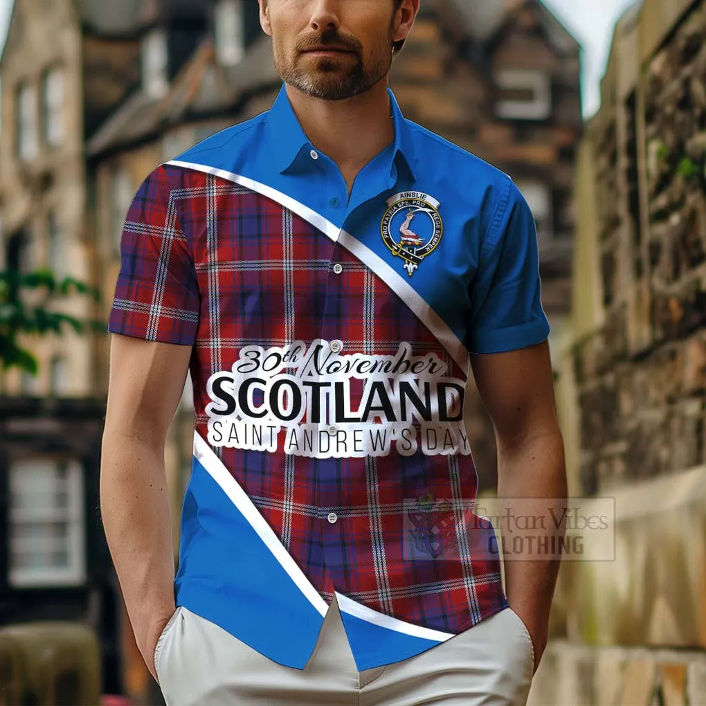 Ainslie Family Crest Tartan Short Sleeve Button Shirt Celebrate Saint Andrew's Day in Style