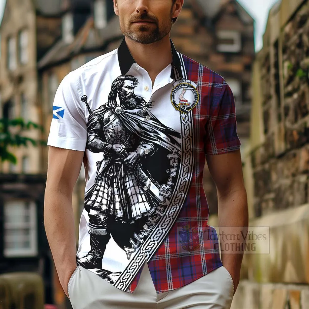Ainslie Tartan Clan Crest Short Sleeve Button Shirt with Highlander Warrior Celtic Style