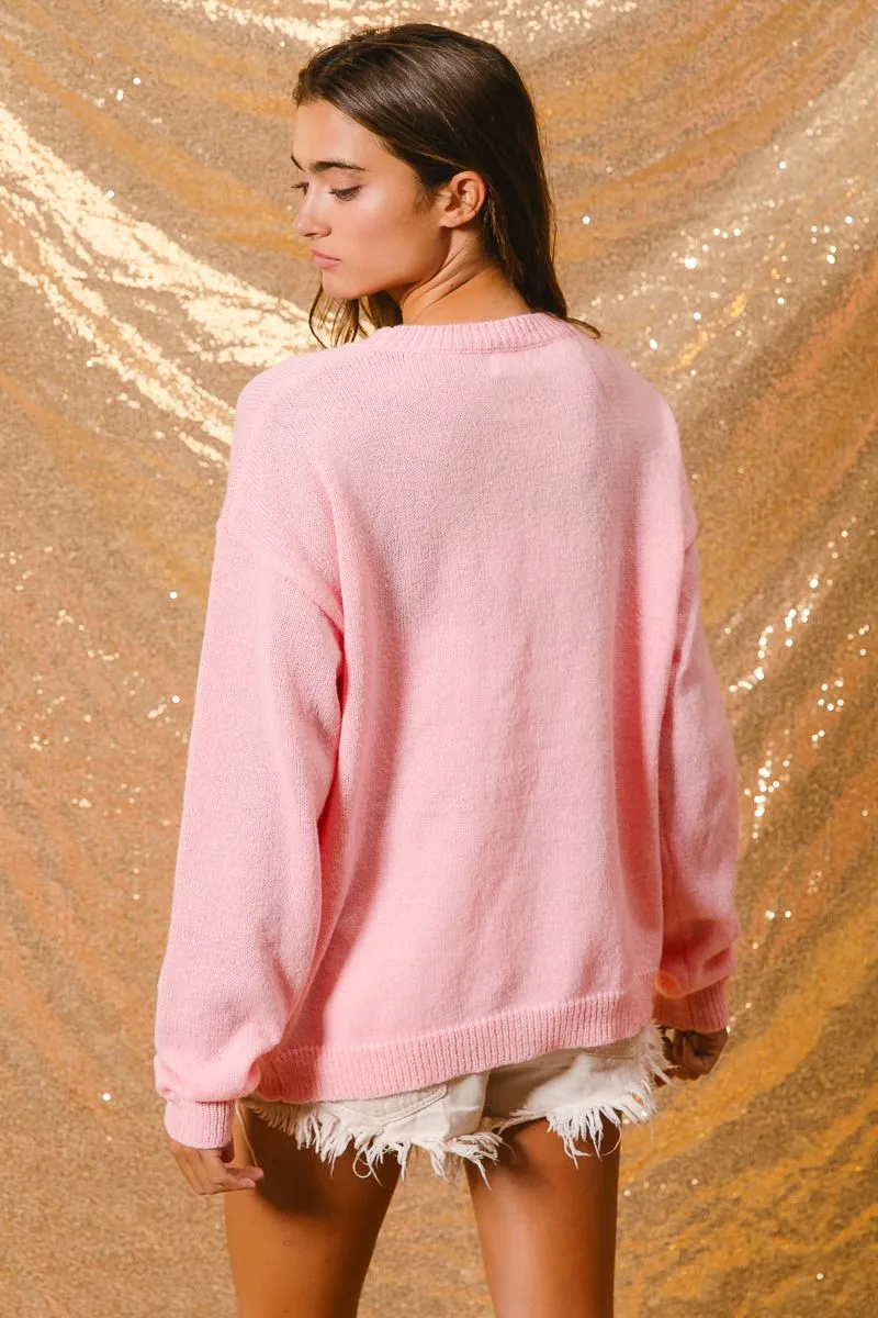 BiBi Solid Color Knit Sweater with Christmas Theme Patches in Light Pink