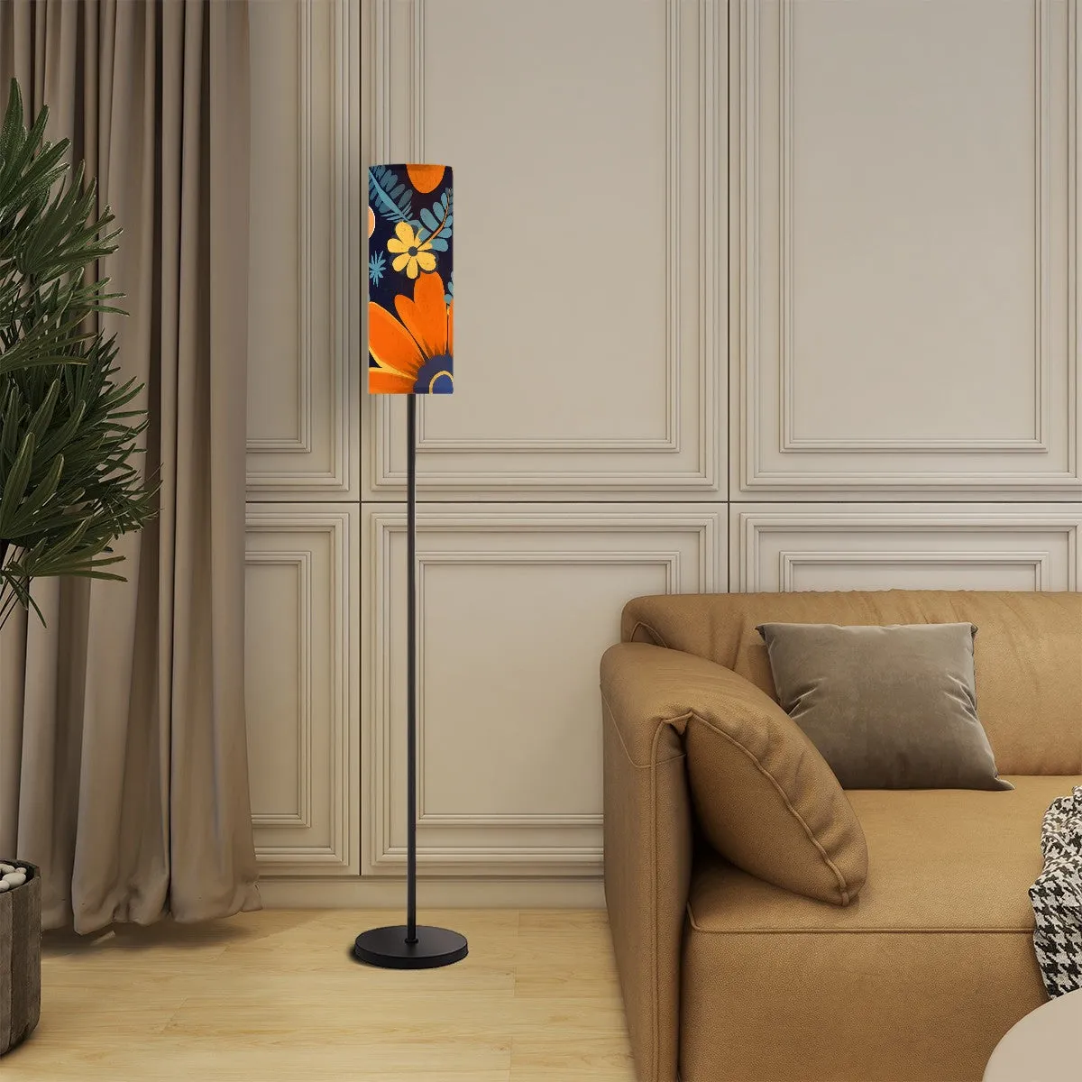 Boho Floor Lamp, Blue, Orange Yellow Mod Bohemian Pattern Slim Floor Lamp