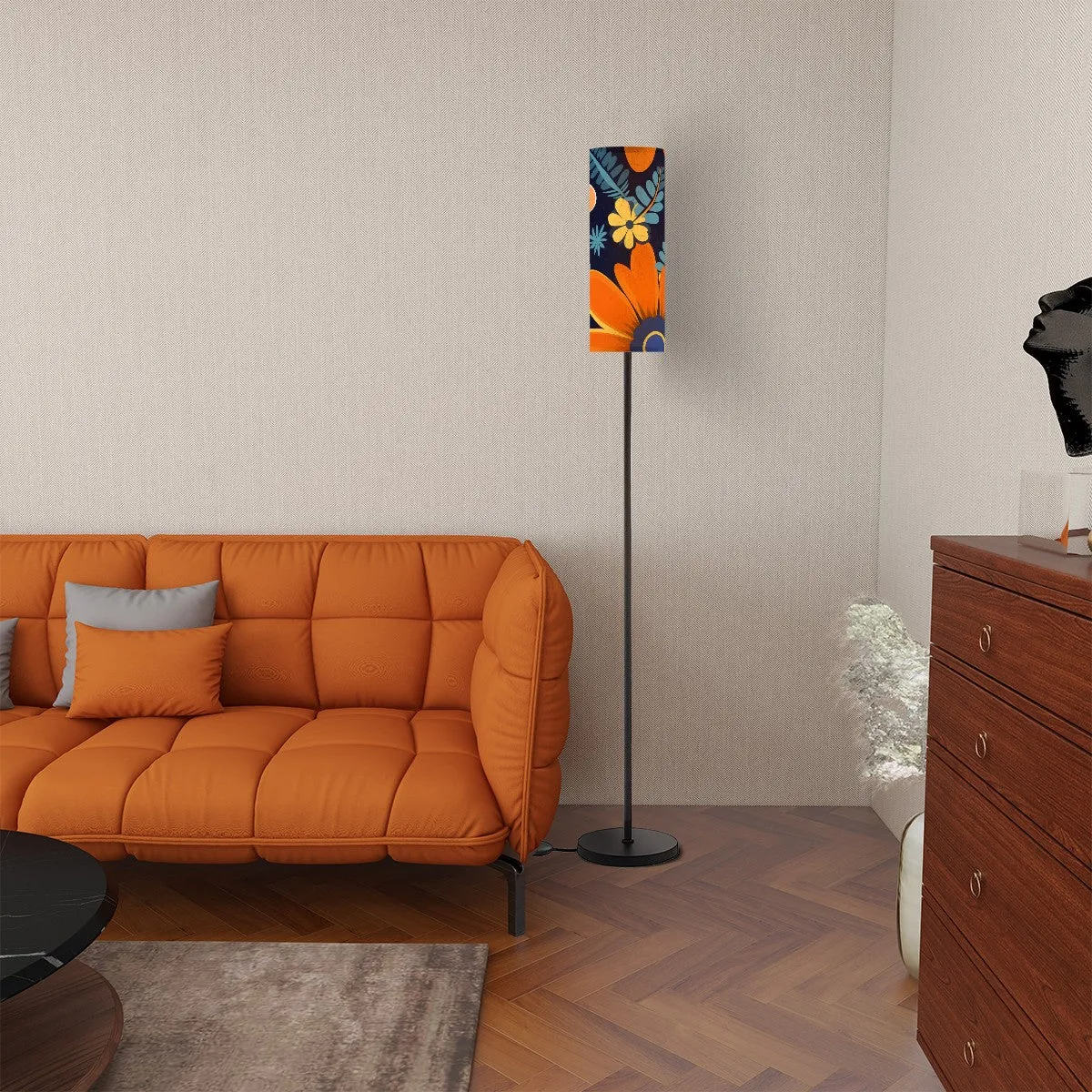 Boho Floor Lamp, Blue, Orange Yellow Mod Bohemian Pattern Slim Floor Lamp
