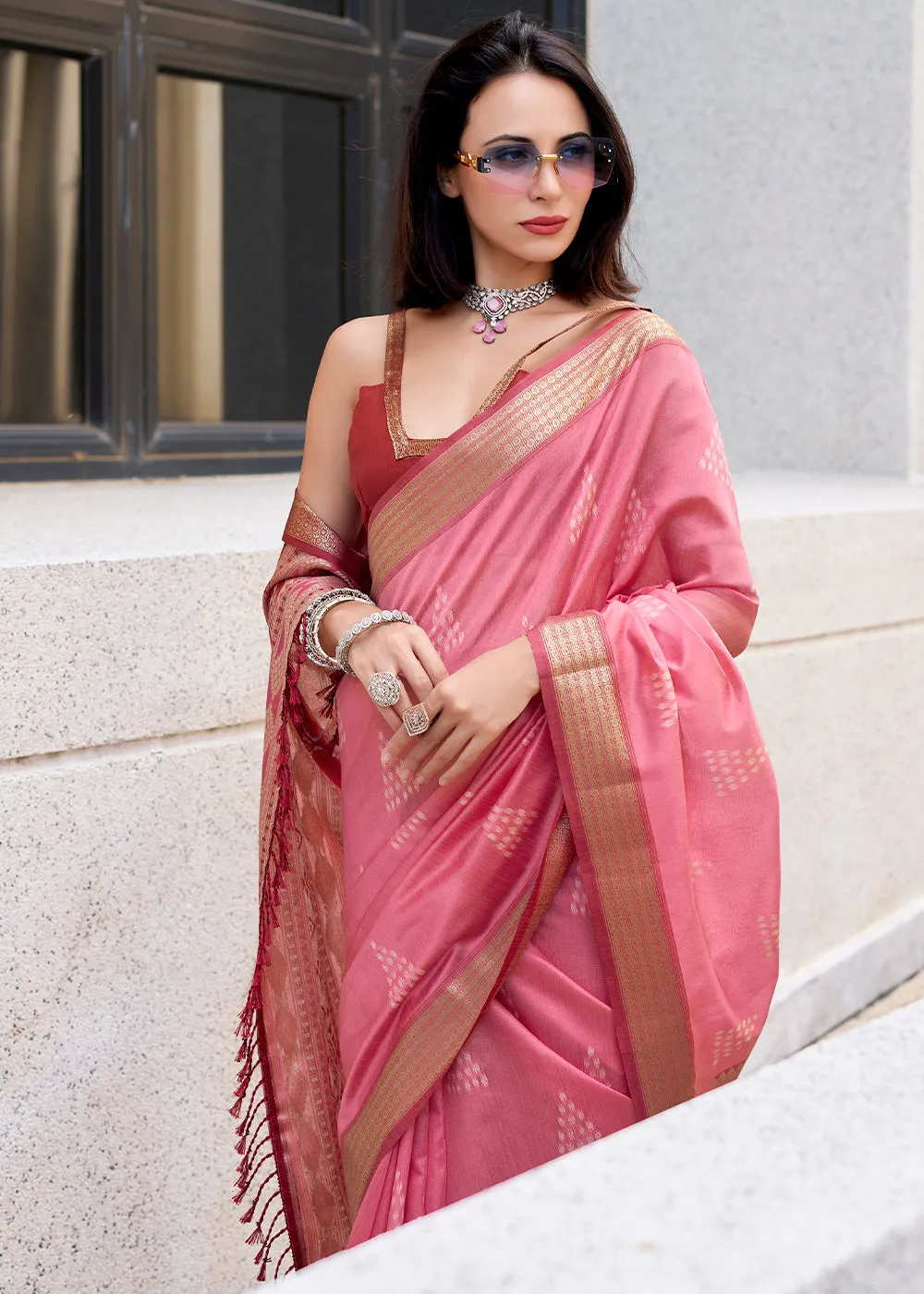 Brink Pink Handwoven Ikkat Silk Saree  Traditional Craftsmanship