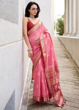 Brink Pink Handwoven Ikkat Silk Saree  Traditional Craftsmanship