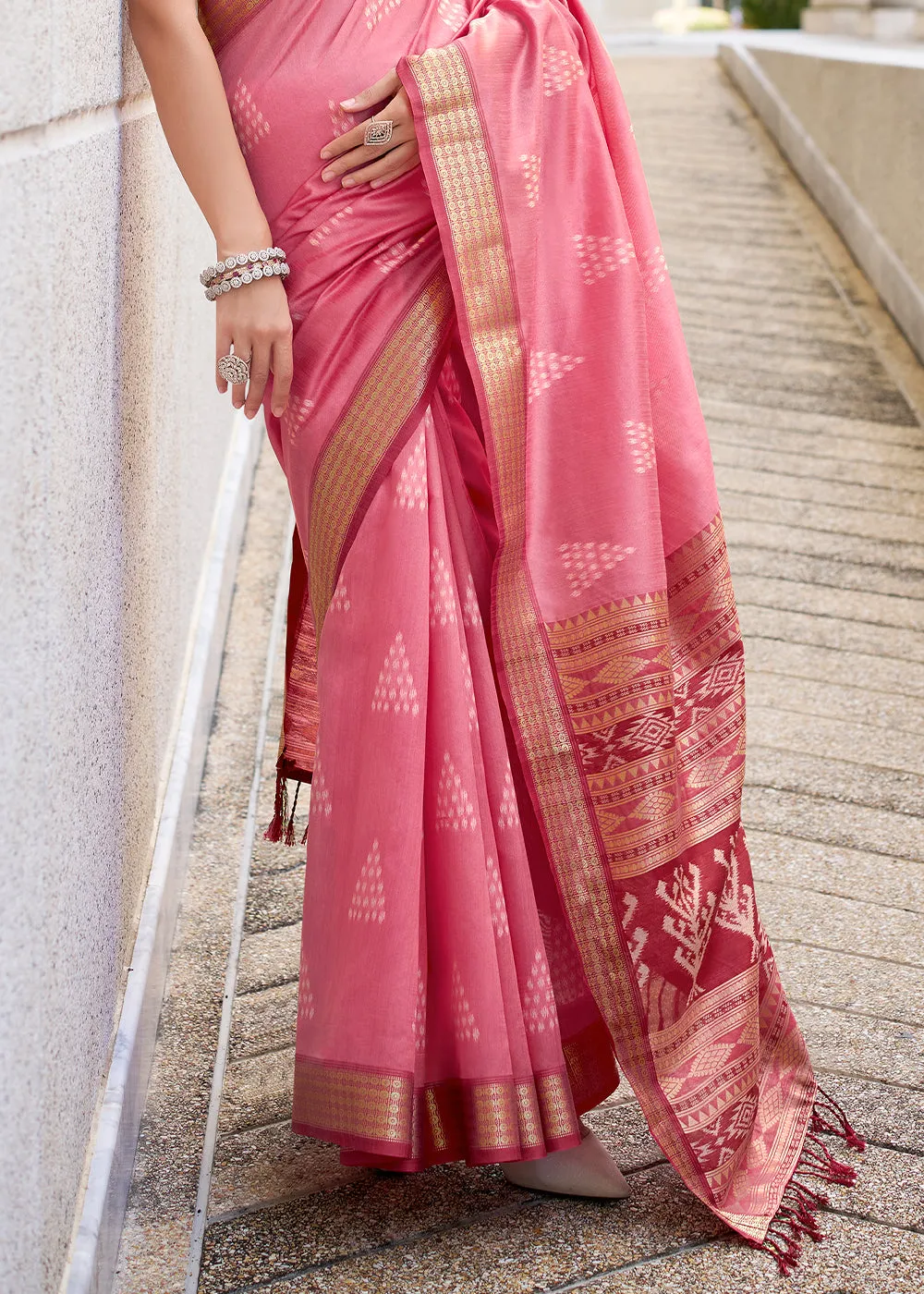 Brink Pink Handwoven Ikkat Silk Saree  Traditional Craftsmanship