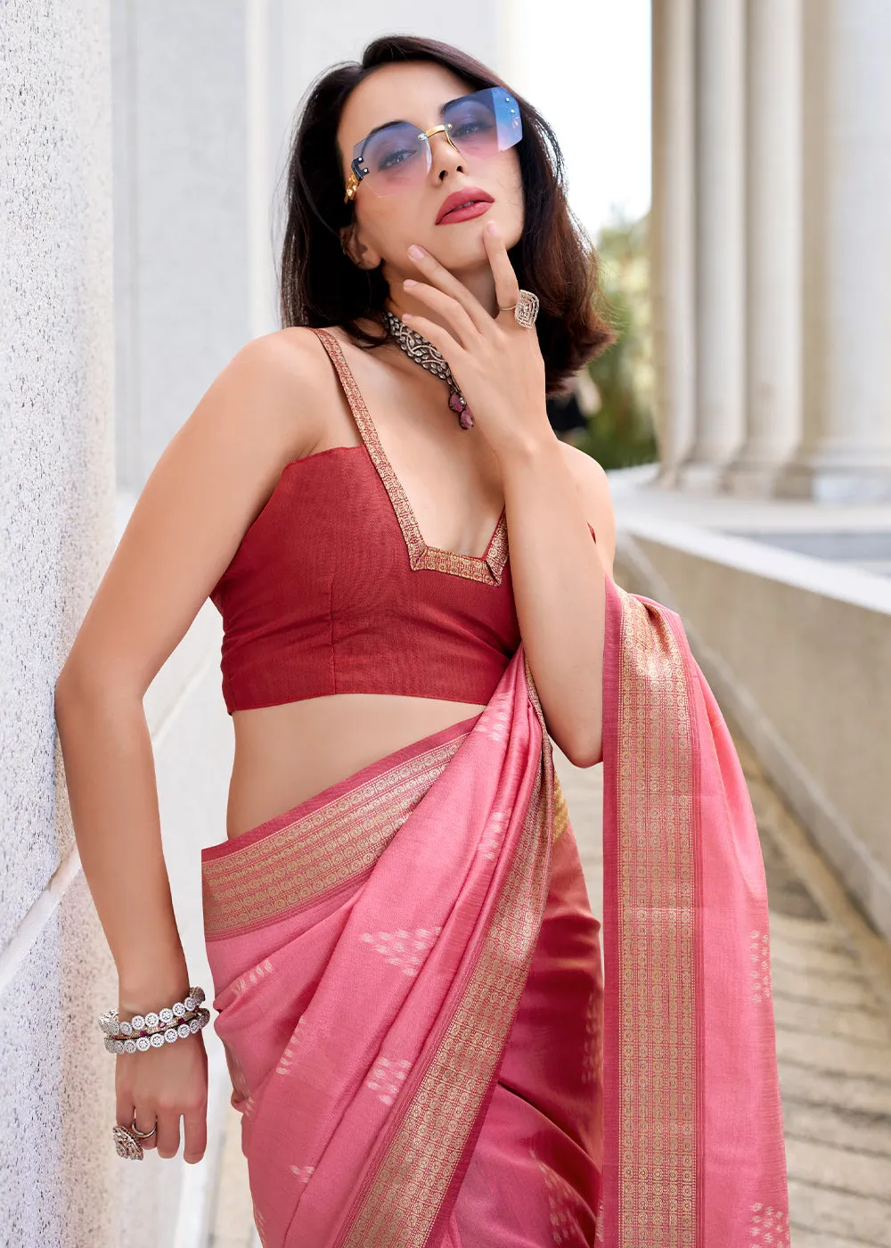 Brink Pink Handwoven Ikkat Silk Saree  Traditional Craftsmanship