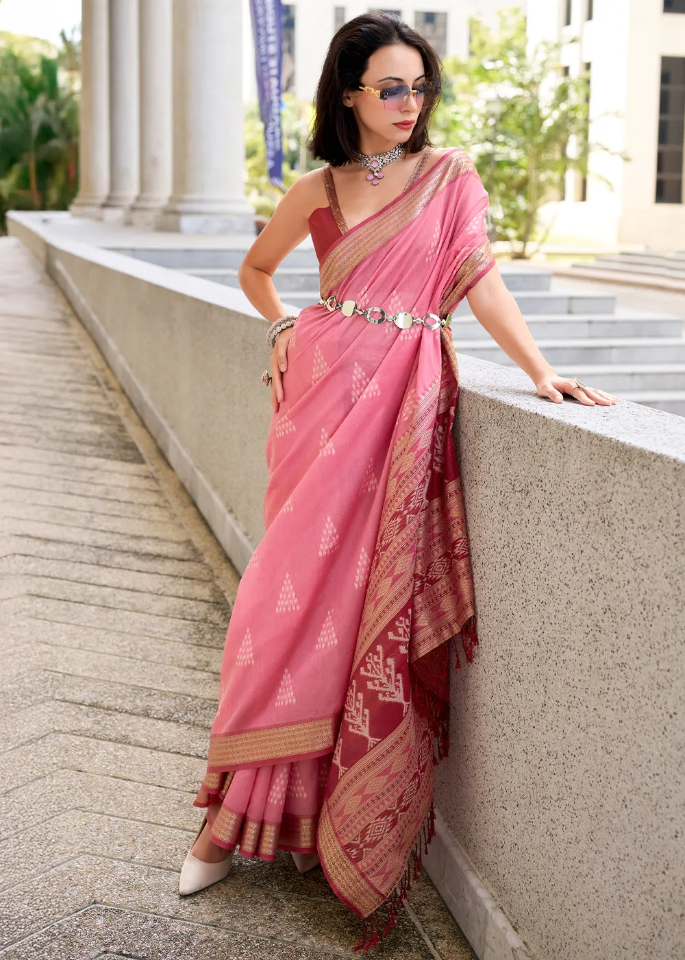 Brink Pink Handwoven Ikkat Silk Saree  Traditional Craftsmanship
