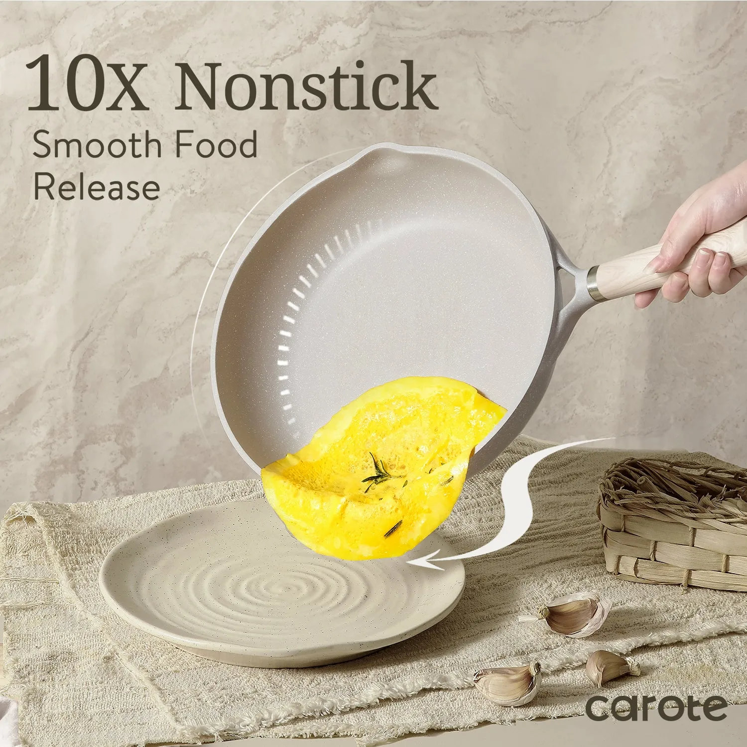 Carote Nonstick Pots and Pans Set, 8 Pcs Induction Kitchen Cookware Sets (Beige Granite)