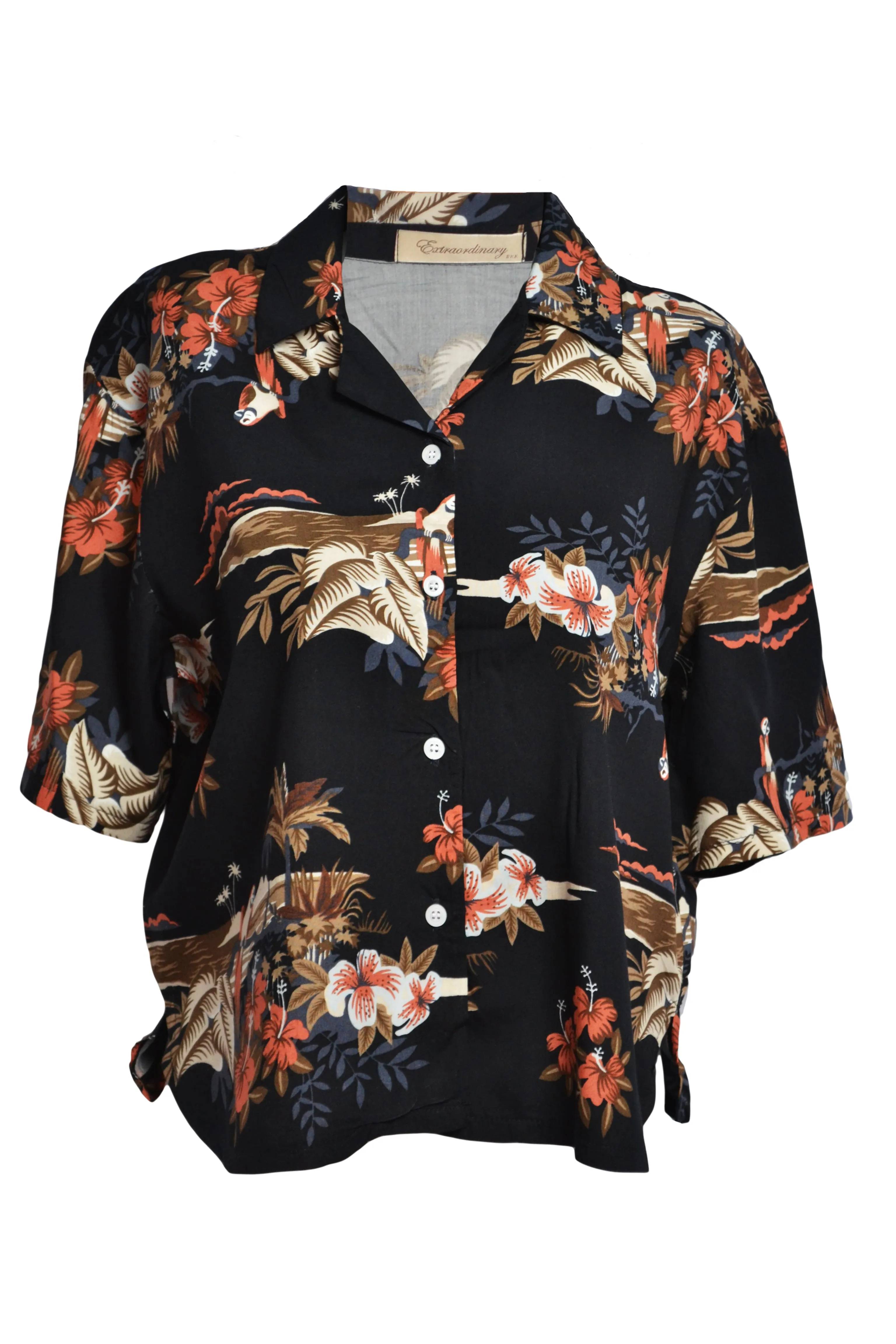 Chemisier noir motifs tropicaux
