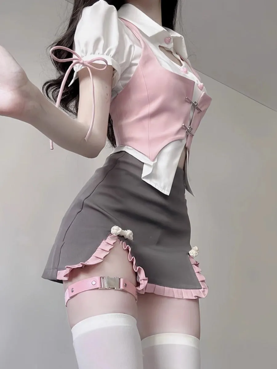 College Style Strapped Jacket Skirt (3-piece set)