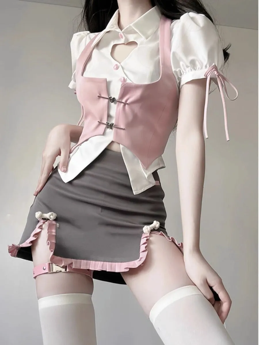 College Style Strapped Jacket Skirt (3-piece set)