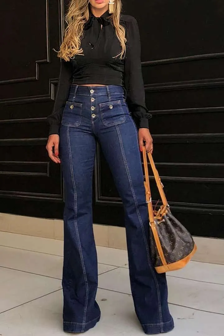 Fashion Stitching Washed Denim Stretch Pants