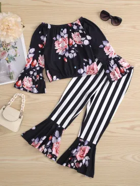 GIRLS FLORAL TOP AND STRIPED BELL BOTTOM PANTS SET