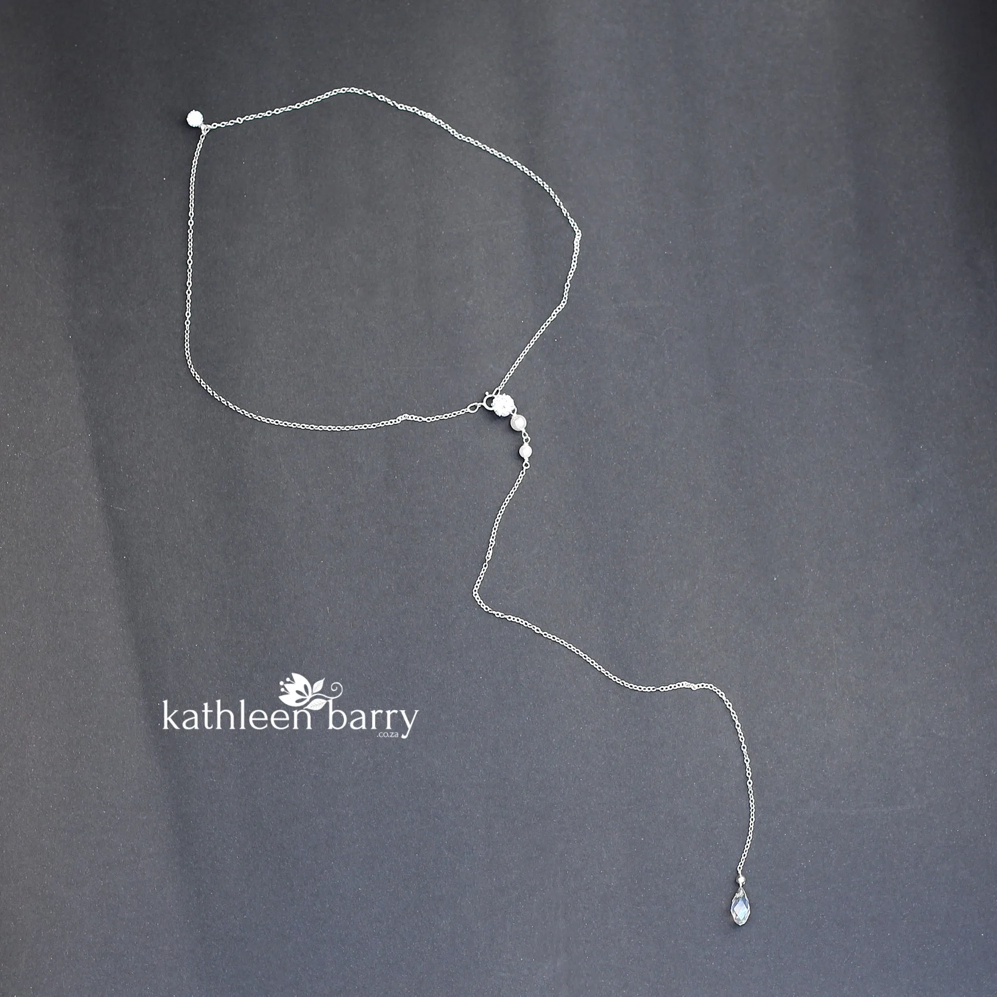 Kirsten Back drop silver, cubic Zirconia and OR pearl necklace. Rose gold & gold also available