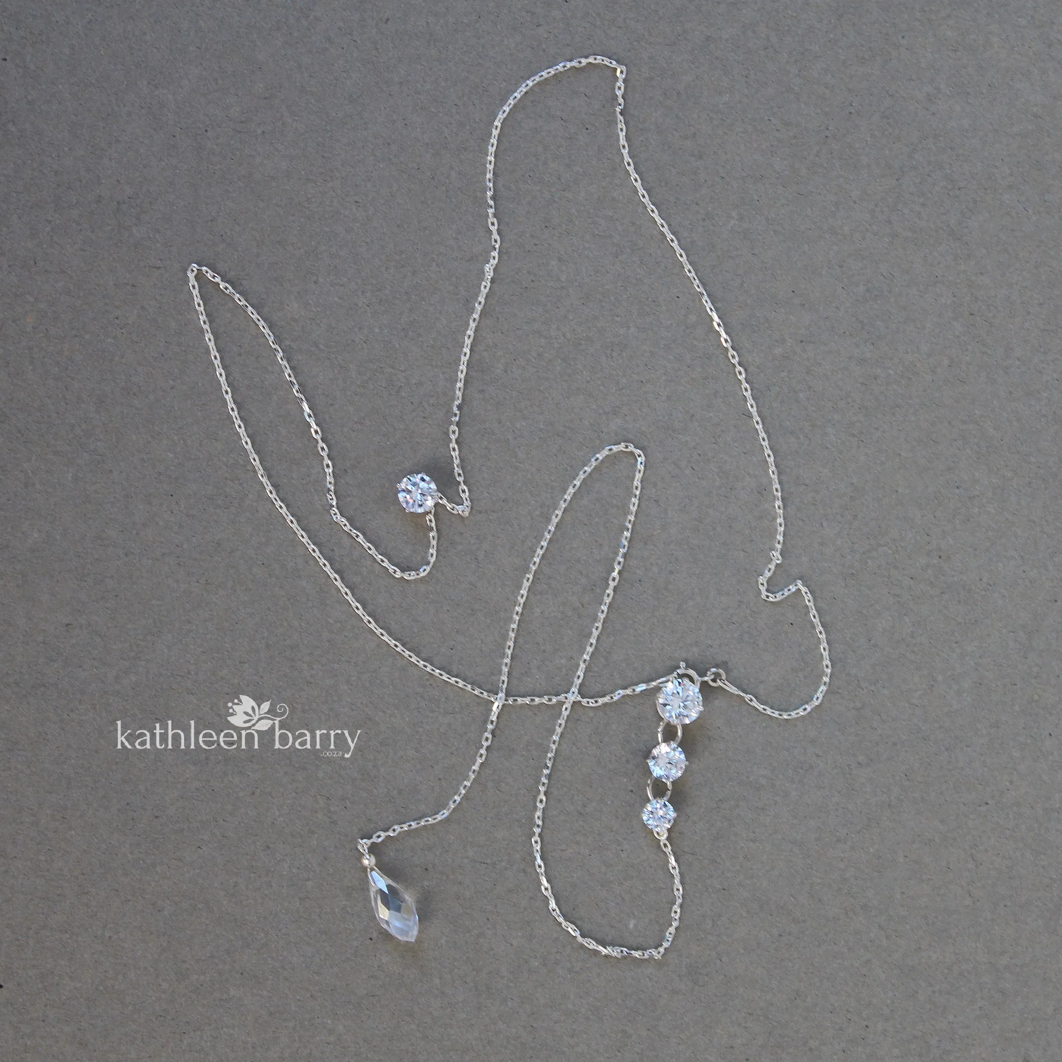 Kirsten Back drop silver, cubic Zirconia and OR pearl necklace. Rose gold & gold also available