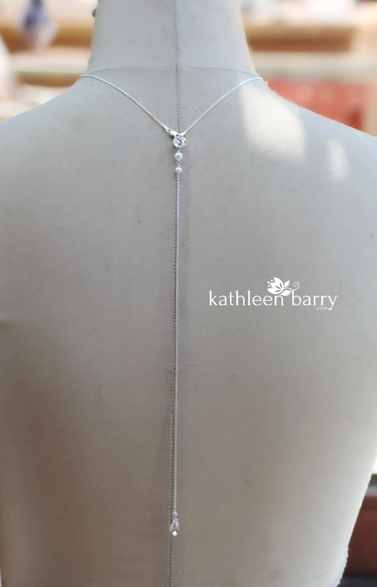Kirsten Back drop silver, cubic Zirconia and OR pearl necklace. Rose gold & gold also available