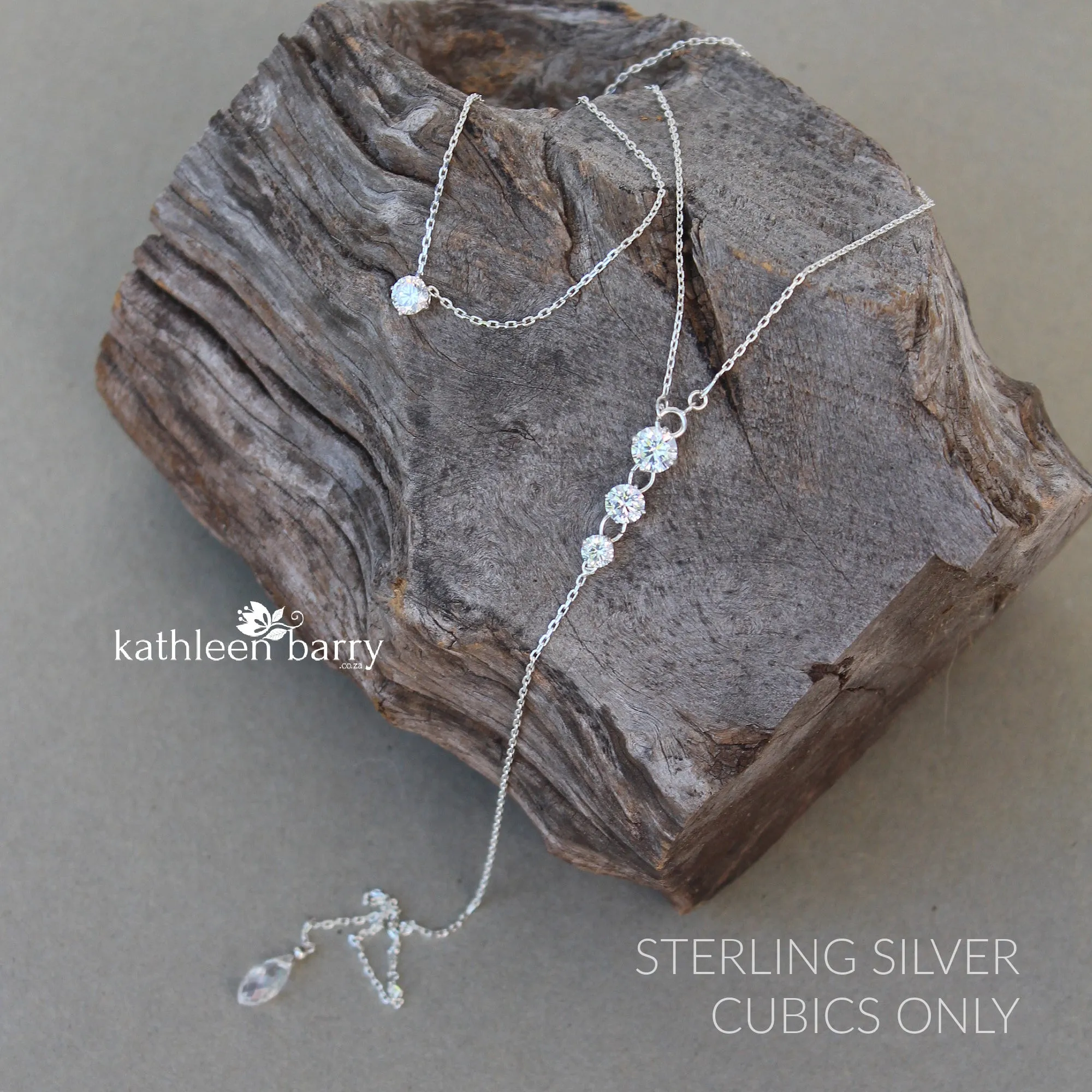 Kirsten Back drop silver, cubic Zirconia and OR pearl necklace. Rose gold & gold also available