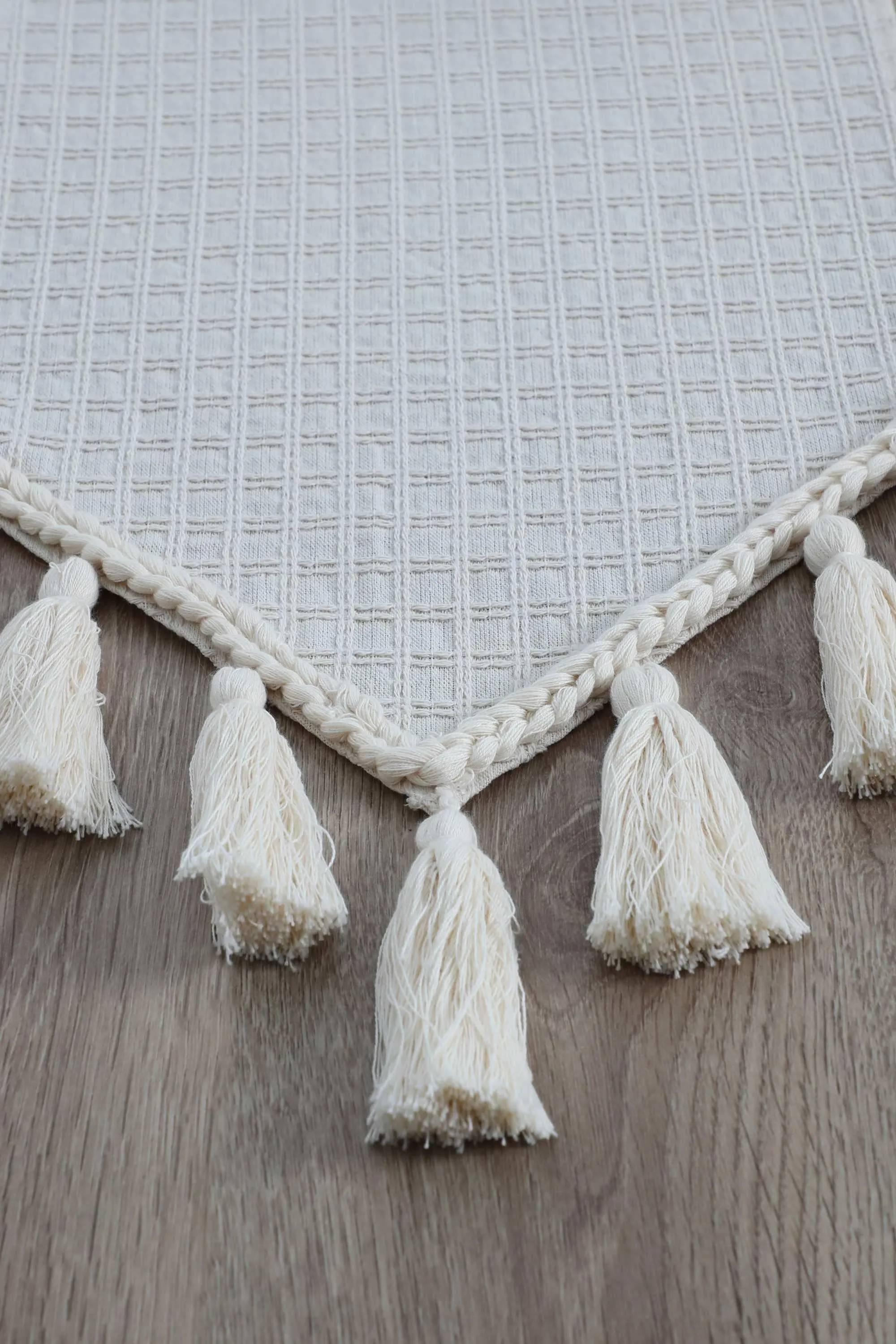 Knit Fabric Cotton Table Runner with Handmade Big Tassels 12x36 inches Machine Washable Fringed Handicraft Table Cloth,R-50K