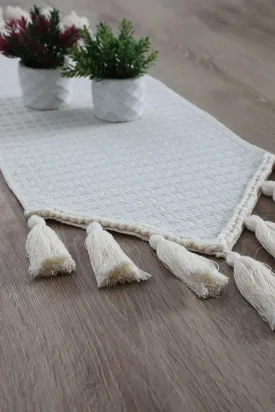 Knit Fabric Cotton Table Runner with Handmade Big Tassels 12x36 inches Machine Washable Fringed Handicraft Table Cloth,R-50K