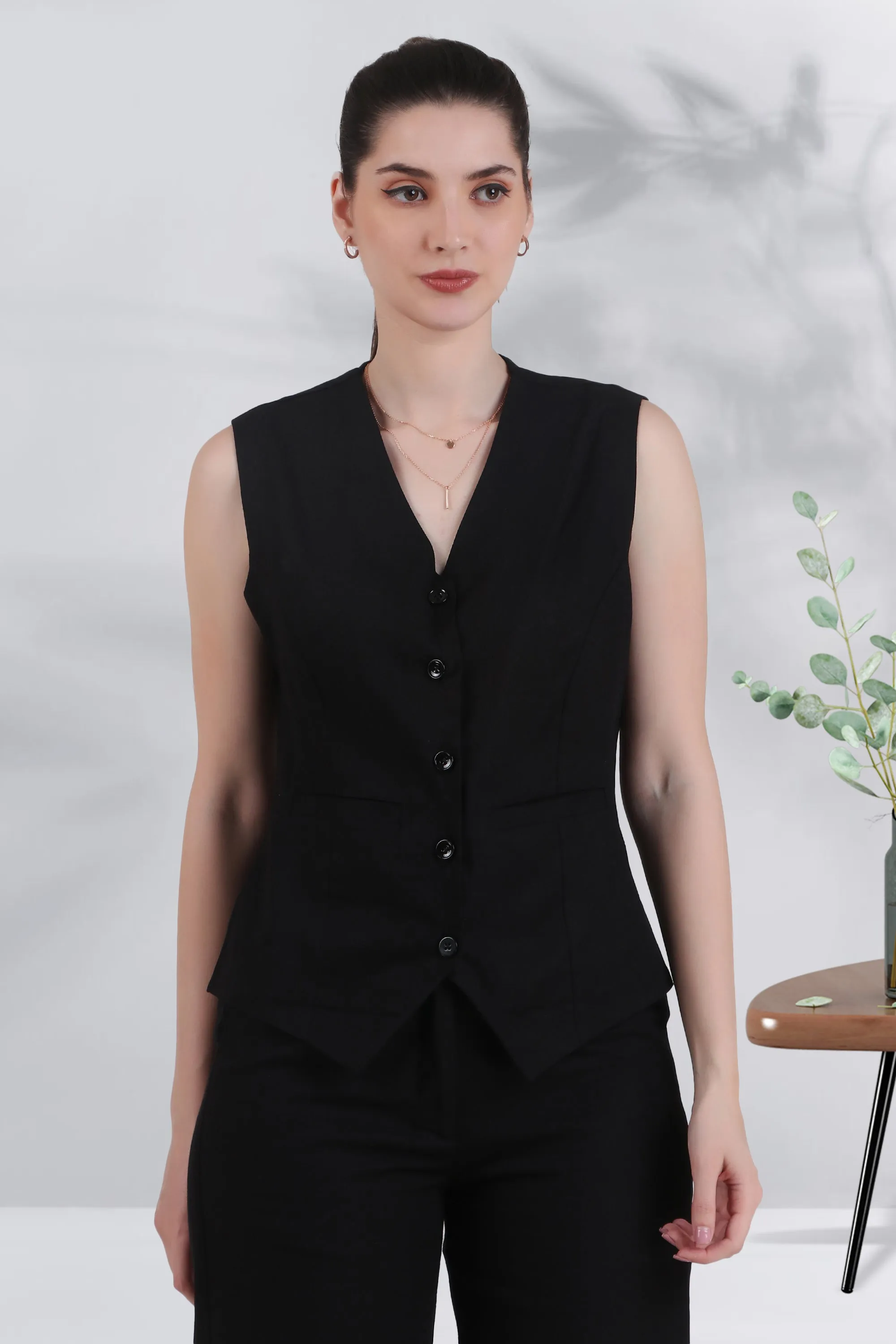 Linen Blend, V Neck Tailored Waistcoat, Black