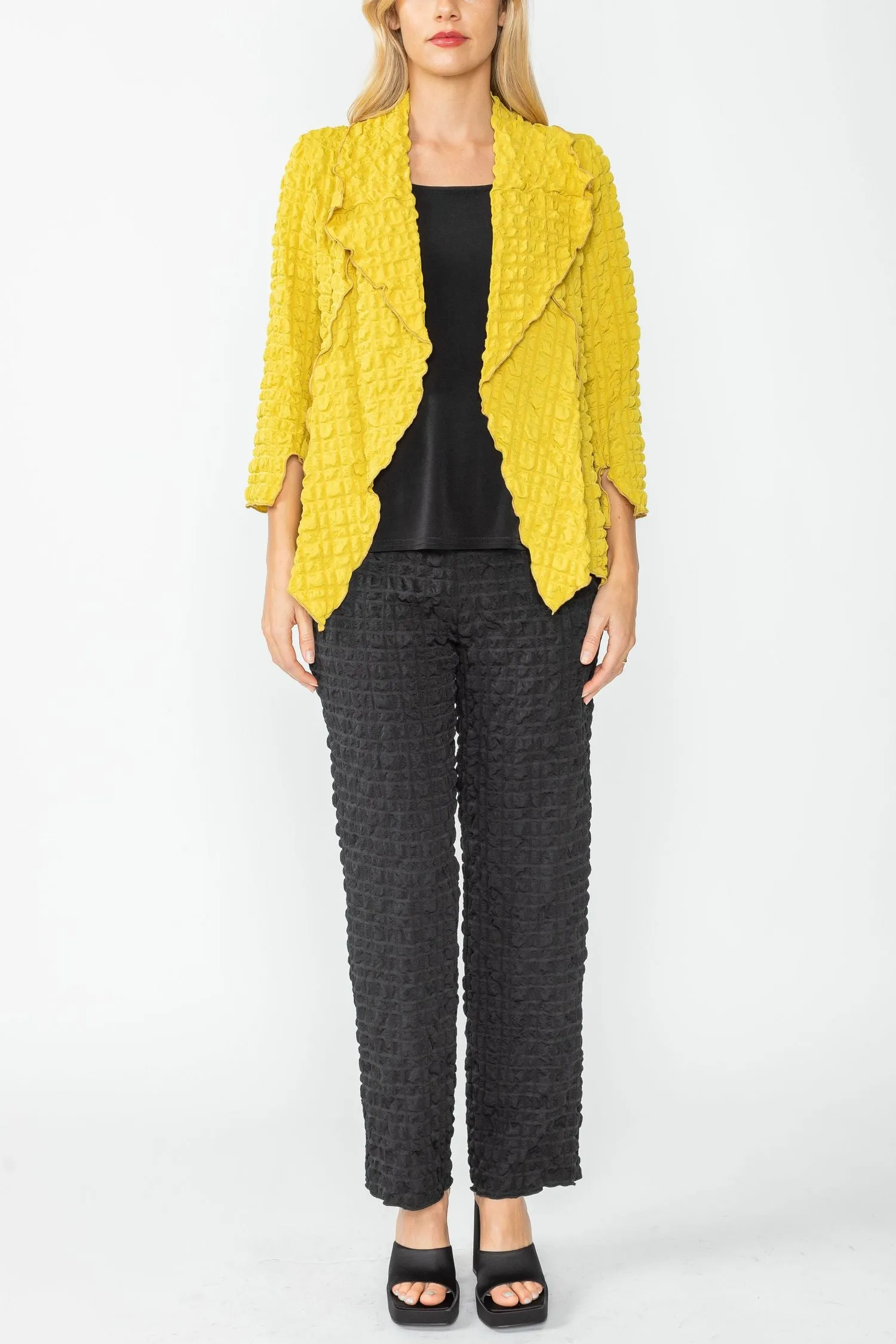 Mustard Bubble Check Merrow Detail Open Jacket