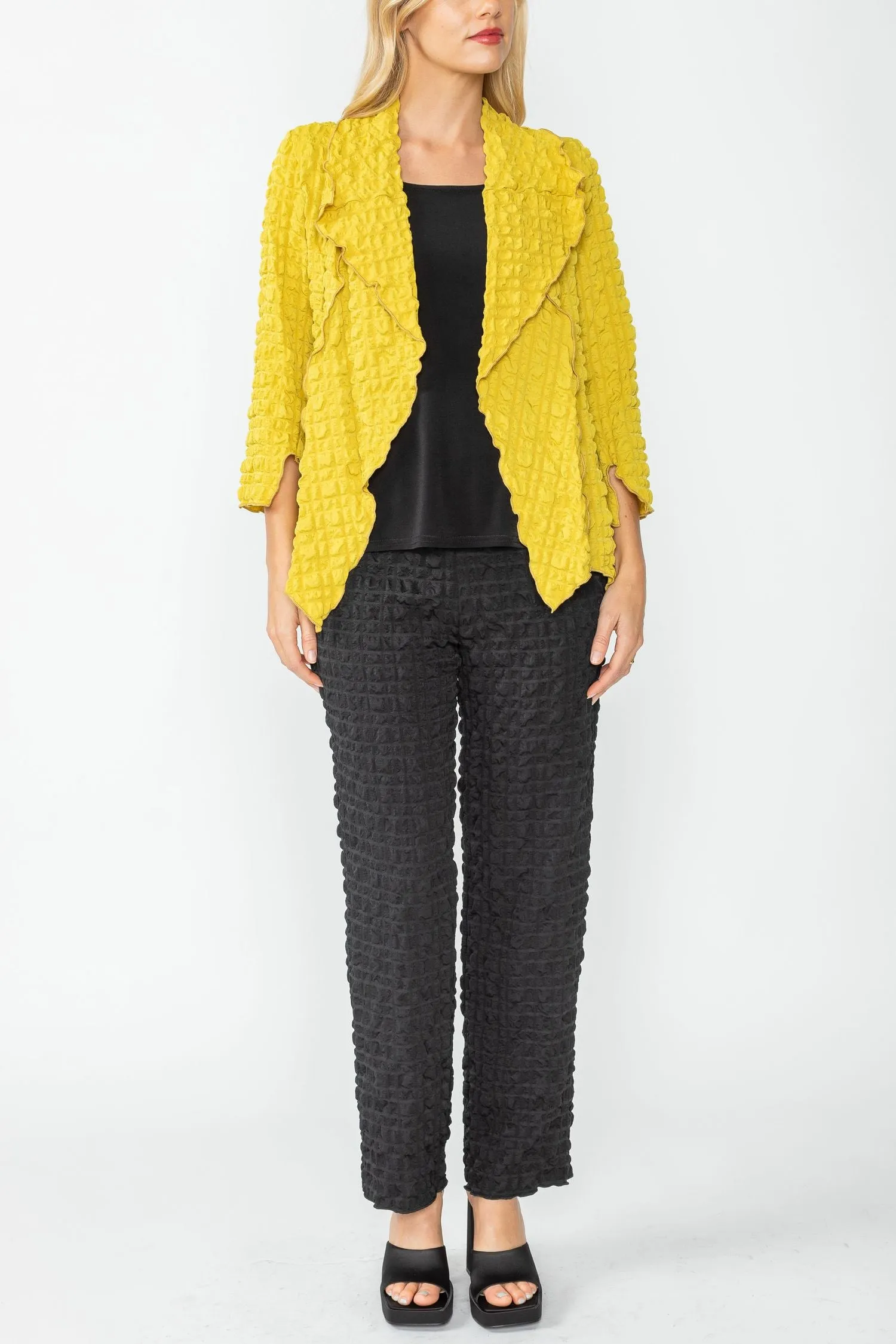 Mustard Bubble Check Merrow Detail Open Jacket