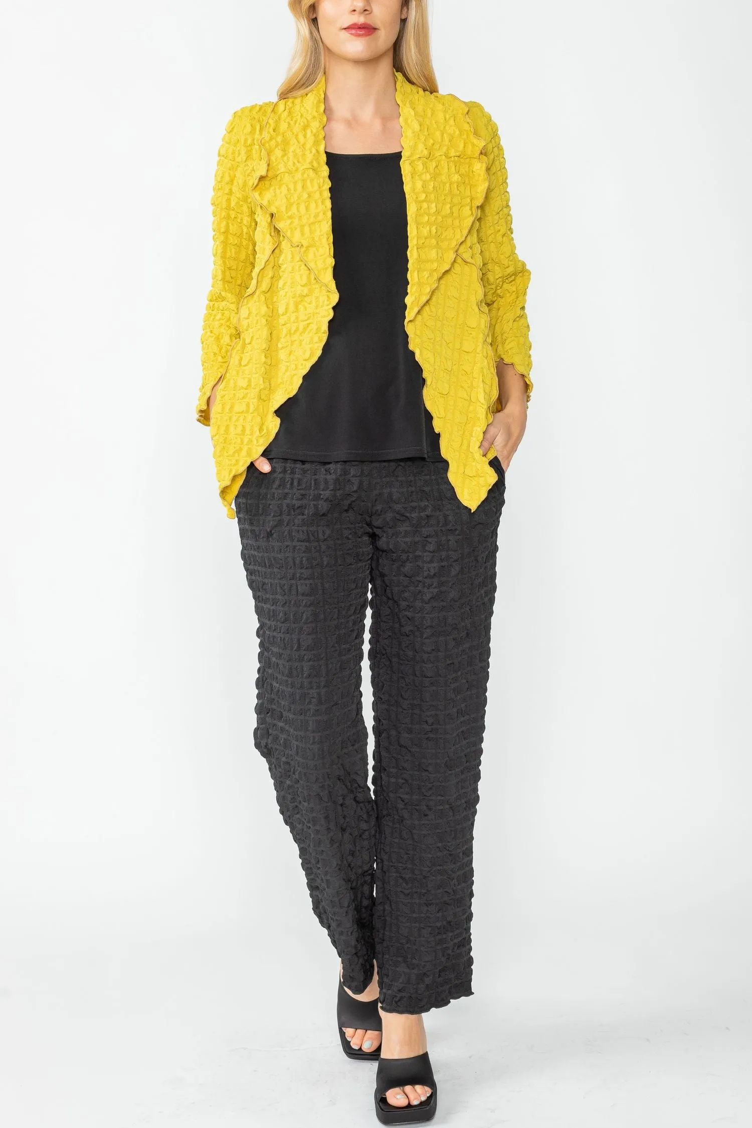 Mustard Bubble Check Merrow Detail Open Jacket