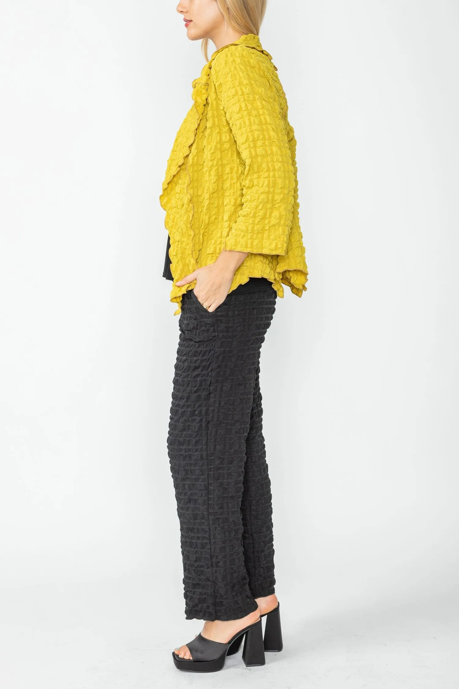 Mustard Bubble Check Merrow Detail Open Jacket