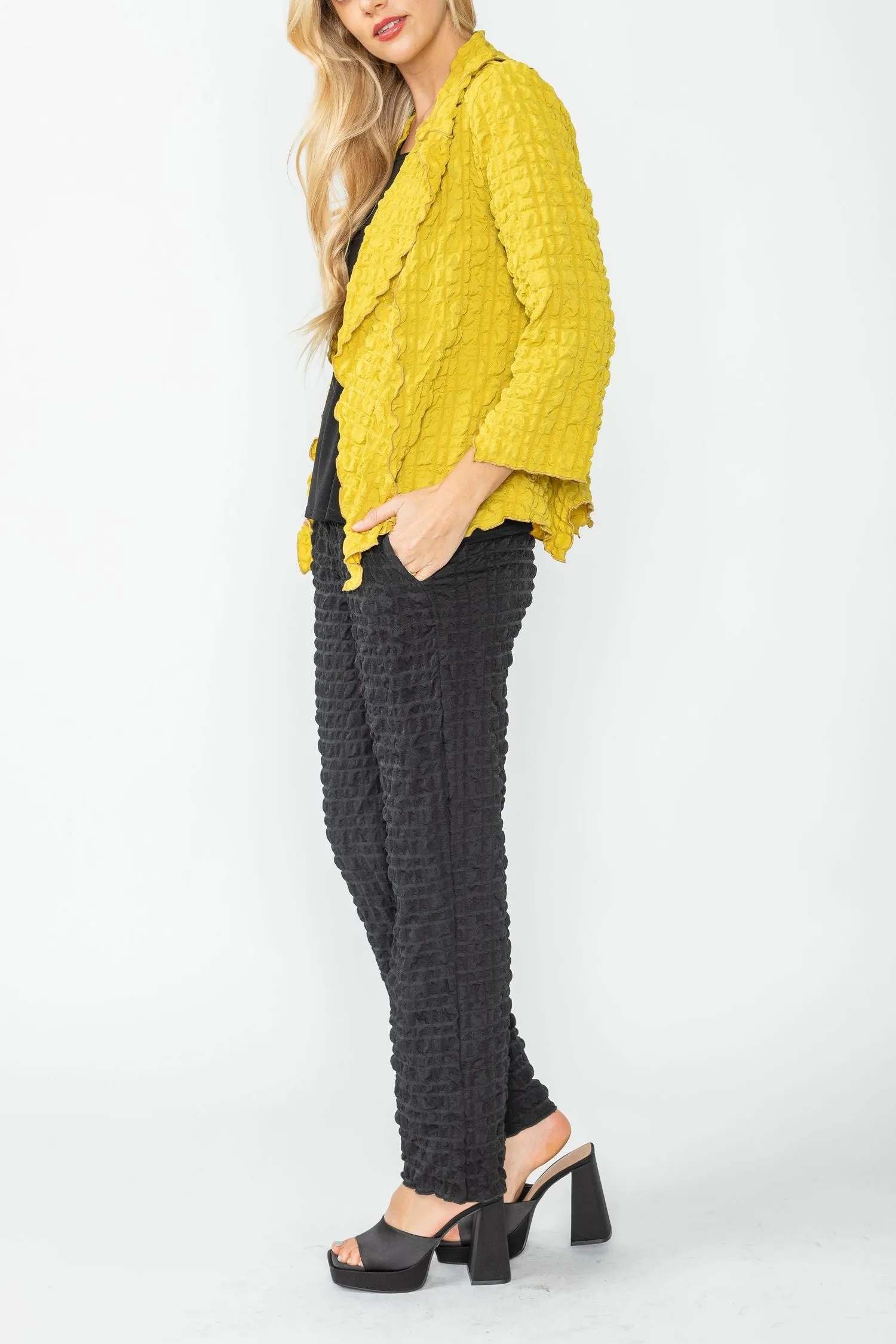 Mustard Bubble Check Merrow Detail Open Jacket