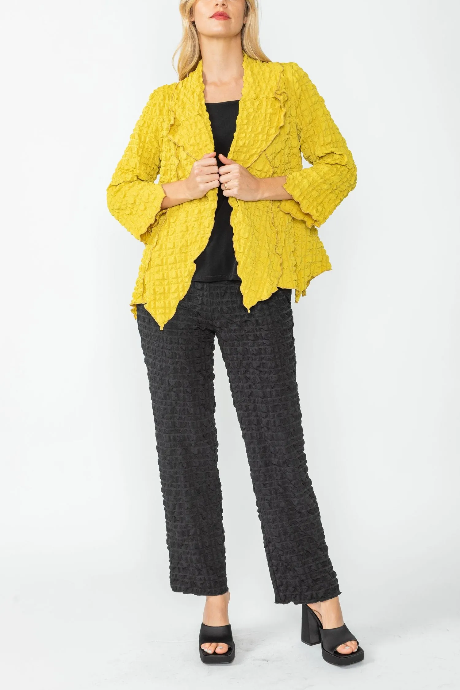 Mustard Bubble Check Merrow Detail Open Jacket