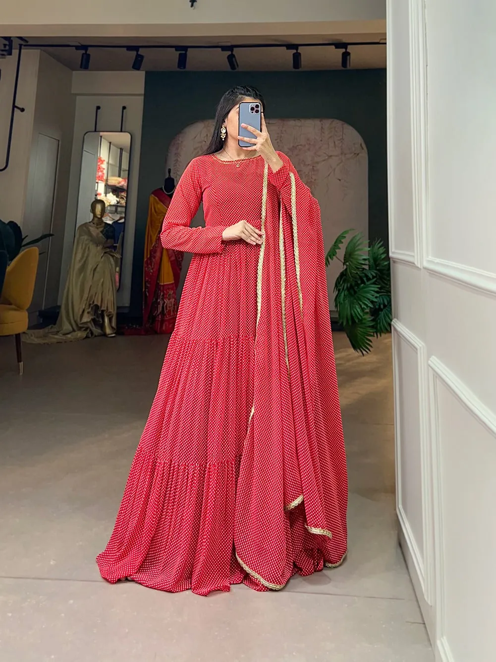 Red Butterfly Bliss Printed Georgette Gown with Shimmering Dupatta - Ready to Wear