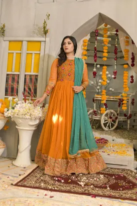 Ruby Couture - Laila - Mustard Korean Net Embroidered Pishwas with Raw Silk Pants