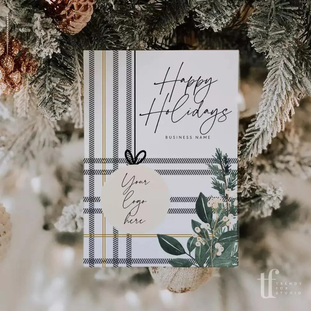Rustic Farmhouse Christmas Plaid Business Thank You Card Canva Template