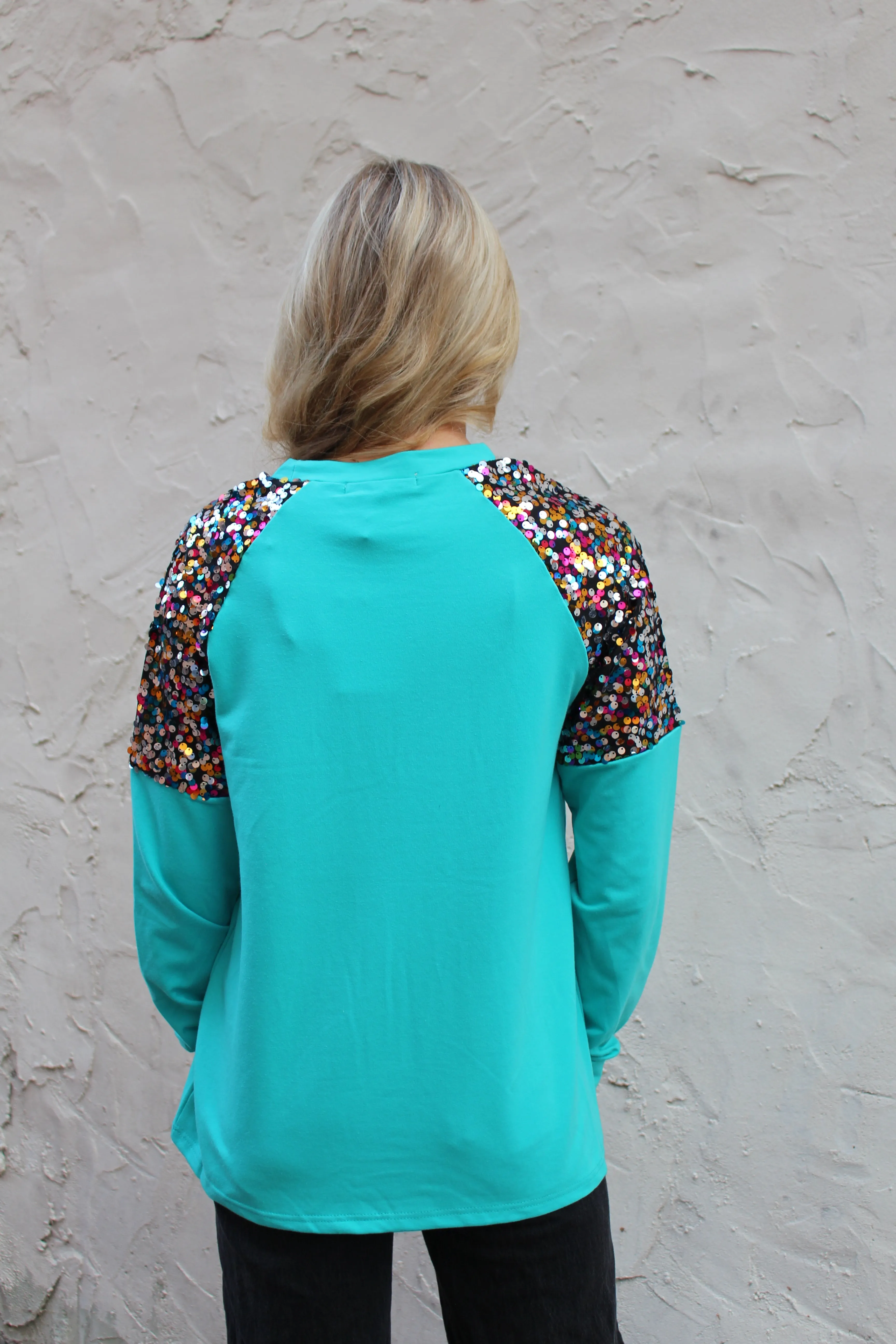 Southern Grace Solid Color Top with MERRY Patched Front and Sequin Shoulders in Turquoise