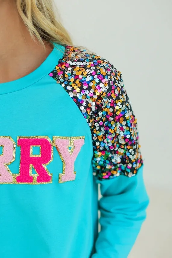 Southern Grace Solid Color Top with MERRY Patched Front and Sequin Shoulders in Turquoise