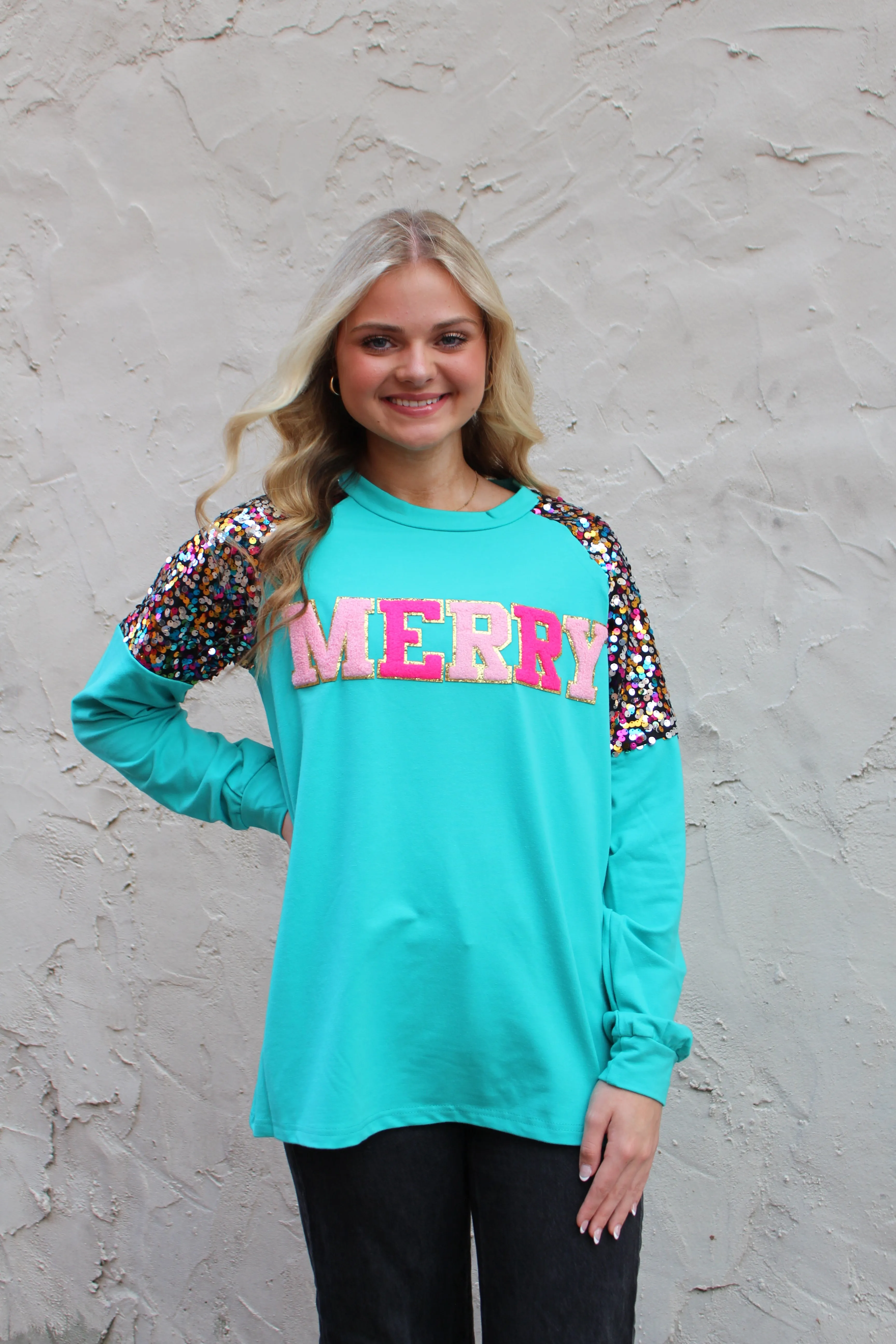 Southern Grace Solid Color Top with MERRY Patched Front and Sequin Shoulders in Turquoise