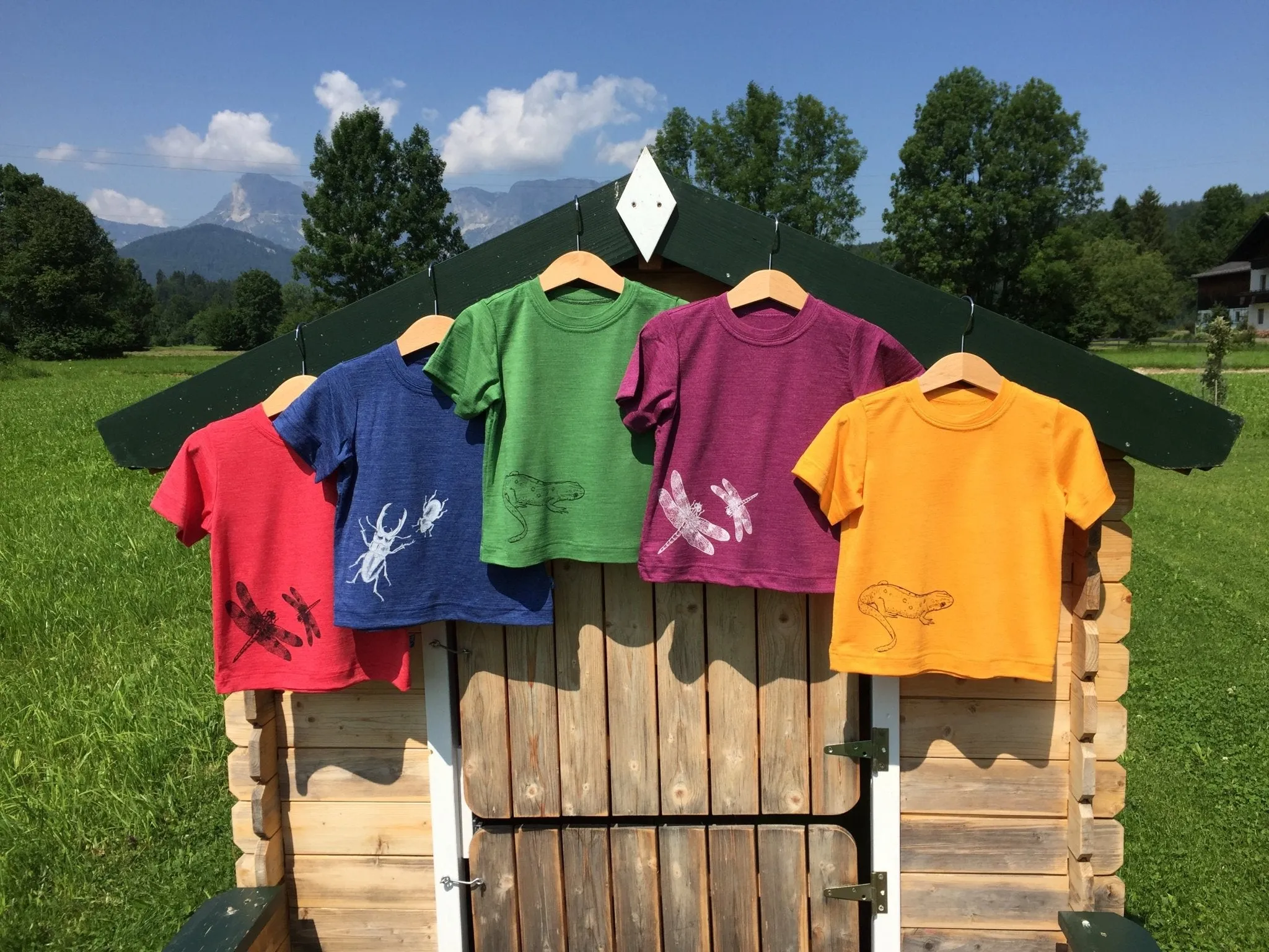 T-Shirt himbeere mit Libelle, Merinowolle & Seide (bio/GOTS)