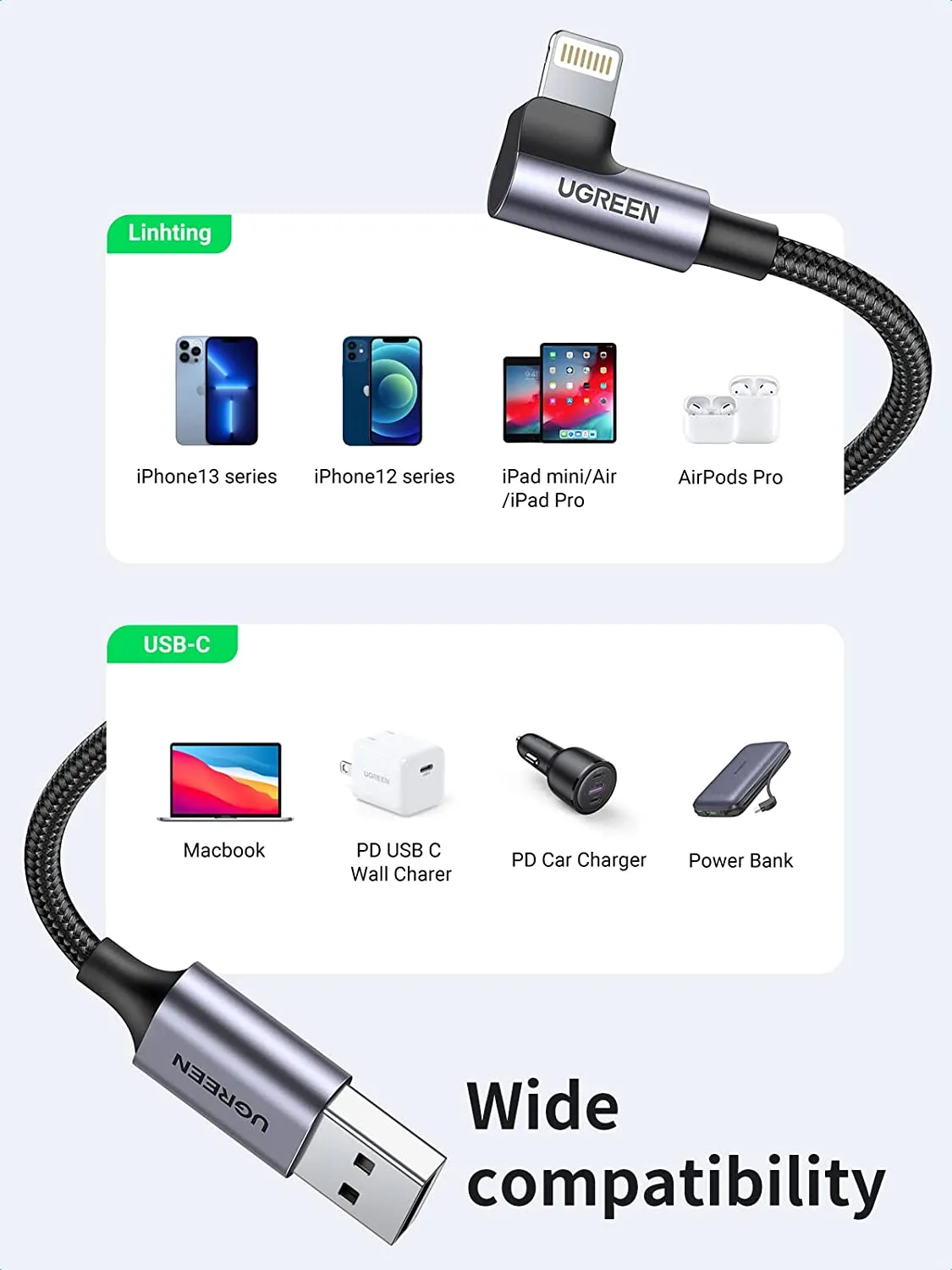 UGREEN MFi Certification Right Angel Lightning to USB A Cable