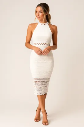 Womens Lace Midi Dress  Slim Fit  Halter Neck  Sheer Crochet Detail  Formal Wear